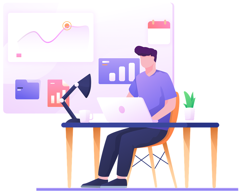 A man behind a desk with some charts next to him