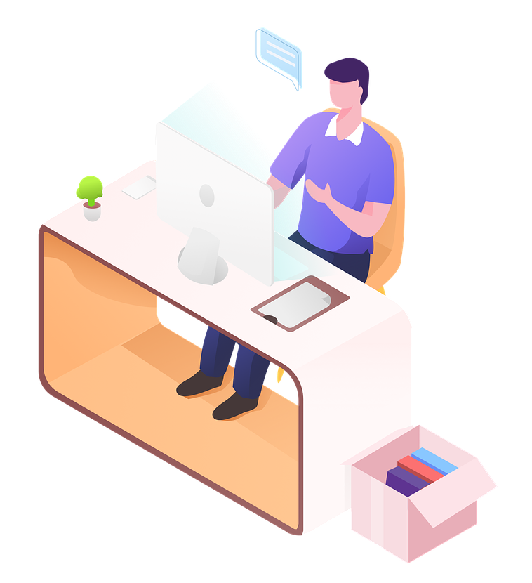 A man behind a desk using a computer with a phone is his hand